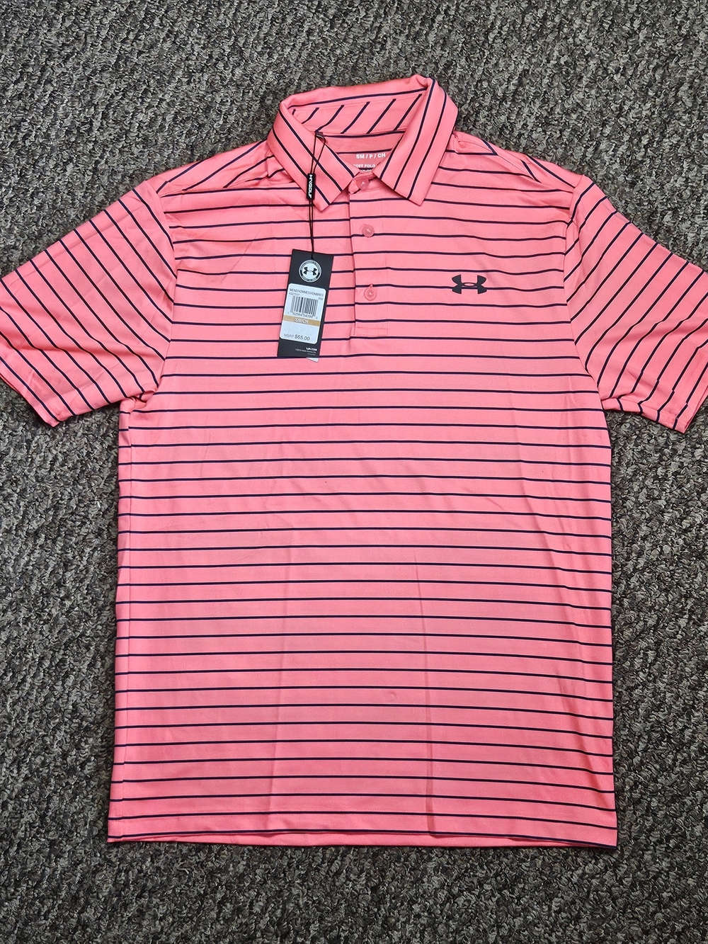 Under Armour Men’s Coral Pink Polo with Black Stripes